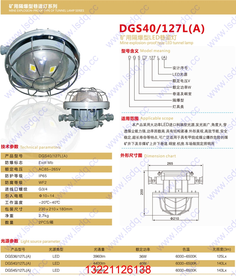 DGS40/127L矿用隔爆型LED巷道灯